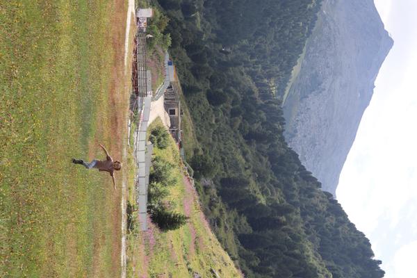 A person stands with arms outstretched in a vast green field dotted with wildflowers, set against a backdrop of lush forested mountains and a distant rocky peak